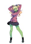  1girl :q absurdres blonde_hair breasts cardigan commentary contrapposto eyebrows_visible_through_hair green_skin highres horns large_breasts long_hair looking_at_viewer oni original pleated_skirt red_eyes school_uniform skirt smile solo tongue tongue_out twinpoo twintails 