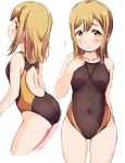  1girl ass back_cutout bangs blush breasts brown_hair collarbone commentary_request covered_navel cowboy_shot embarrassed eyebrows_visible_through_hair flying_sweatdrops hand_on_own_chest highres kunikida_hanamaru long_hair love_live! love_live!_sunshine!! multiple_views one-piece_swimsuit sen_(sen0910) simple_background small_breasts swimsuit white_background yellow_eyes 