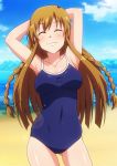  1girl ^_^ armpits arms_behind_head arms_up bangs bare_shoulders beach blue_sky blue_swimsuit blush braid breasts closed_eyes closed_mouth clouds collarbone contrapposto covered_navel cowboy_shot day eyebrows_visible_through_hair facing_viewer gluteal_fold idolmaster idolmaster_million_live! kousaka_umi lens_flare long_hair medium_breasts ocean one-piece_swimsuit shiny shiny_hair skin_tight sky smile solo standing straight_hair swimsuit tanuki_(metaltanuki) twin_braids very_long_hair water 