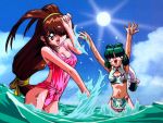  2girls 90s antenna_hair aqua_hair arms_up battle_athletes blocking breasts brown_eyes brown_hair chinese_clothes cleavage_cutout closed_eyes day hair_over_one_eye hairband hand_to_head kanzaki_akari long_hair low-tied_long_hair medium_breasts multiple_girls navel official_art open_mouth outdoors pink_swimsuit rimless_eyewear round_eyewear splashing sun swimsuit wading water wong_lio-pha 