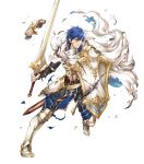  1boy armor blue_eyes blue_hair cape fire_emblem fire_emblem:_kakusei fire_emblem_heroes full_body highres krom shield short_hair solo sword transparent_background weapon 