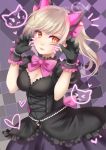  1girl alternate_costume animal_ears black_cat_d.va black_dress black_gloves blonde_hair bow breasts cat_ears chiroyo cleavage d.va_(overwatch) dress gloves lolita_fashion long_hair looking_at_viewer medium_breasts overwatch paw_pose pink_bow puffy_short_sleeves puffy_sleeves short_sleeves solo twintails watermark yellow_eyes 