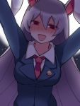  1girl animal_ears arms_up blazer blush commentary_request dress_shirt hammer_(sunset_beach) jacket lavender_hair long_hair looking_at_viewer necktie open_mouth rabbit_ears red_eyes reisen_udongein_inaba shirt smile solo touhou upper_body 