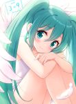  1girl 39 bangs blush dated eyebrows_visible_through_hair feathers green_eyes green_hair hatsune_miku leg_hug looking_at_viewer smile snowmi solo twintails vocaloid white_background wings 