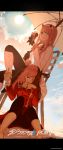  2girls absurdres beach clouds cloudy_sky cosplay costume_switch darling_in_the_franxx dishwasher1910 food glass highres ice_cream ice_cream_cone multiple_girls neo_(rwby) parasol school_uniform sky smile smug umbrella zero_two_(darling_in_the_franxx) 