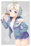  1girl animal animal_on_shoulder aqua_eyes aqua_hoodie bangs blue_eyes blush border cat closed_eyes closed_mouth collarbone colored_eyelashes cowboy_shot dennou_shoujo_youtuber_shiro doughnut drawstring food grey_background hand_in_pocket highres holding holding_food hood hoodie leaning_forward long_sleeves looking_at_viewer open_clothes open_hoodie outside_border parted_bangs paw_background shiny shiny_hair shiro_(dennou_shoujo_youtuber_shiro) shirt silver_hair smile solo sora_from_france standing tareme thighs virtual_youtuber white_border white_cat white_shirt 