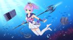  1girl :d absurdres air_bubble anchor azur_lane bangs bare_shoulders biako black_ribbon blue_sailor_collar blurry blurry_foreground blush bracelet breasts bridal_gauntlets bubble cannon chains commentary_request coral crown depth_of_field eyebrows_visible_through_hair fish green_eyes hair_between_eyes hair_ornament hair_ribbon high_ponytail highres holding javelin javelin_(azur_lane) jewelry medium_breasts mini_crown no_shoes object_namesake open_mouth outstretched_arm pleated_skirt ponytail revision ribbon sailor_collar shirt sidelocks skirt sleeveless sleeveless_shirt smile solo thigh-highs thighs torpedo turret underwater v-shaped_eyebrows water white_legwear white_shirt white_skirt zettai_ryouiki 