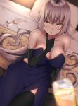  1girl :o alcohol arm_support bangs bare_shoulders bed black_gloves black_legwear blurry blush breasts champagne champagne_flute cleavage collarbone commentary_request cup depth_of_field dress drinking_glass elbow_gloves eyebrows_visible_through_hair fate/grand_order fate_(series) finger_to_cheek from_above gloves hair_between_eyes hand_up highres indoors jeanne_d&#039;arc_(alter)_(fate) jeanne_d&#039;arc_(fate)_(all) large_breasts long_hair looking_at_viewer looking_up navy_blue_dress on_bed pillow pov primamiya shiny shiny_hair sidelocks silver_hair sitting sitting_on_bed solo strapless strapless_dress thigh-highs tsurime v-shaped_eyebrows very_long_hair yellow_eyes 