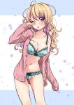  1girl blonde_hair bra breasts cleavage eyebrows_visible_through_hair long_hair messy_hair navel nikaido_natsuko one_eye_closed panties solo swap_swap tired tottoto_tomekichi underwear 