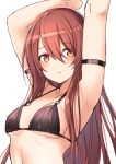  1girl absurdres armband armpits arms_up bikini_top blush breasts brown_hair commentary highres hiraga_matsuri idolmaster idolmaster_shiny_colors long_hair looking_to_the_side navel oosaki_tenka open_mouth sideboob solo yellow_eyes 