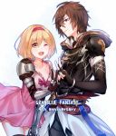  1boy 1girl aki663 armor blonde_hair brown_eyes brown_hair djeeta_(granblue_fantasy) dress fingerless_gloves gauntlets gloves granblue_fantasy hairband hood hood_down one_eye_closed pink_dress puffy_short_sleeves puffy_sleeves red_eyes sandalphon_(granblue_fantasy) short_hair short_sleeves v 