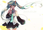  1girl 39 2018 absurdres aqua_eyes aqua_hair aqua_neckwear black_skirt commentary_request dated detached_sleeves hatsune_miku highres long_hair looking_at_viewer mikupa necktie petals sapphire skirt smile solo standing twintails vocaloid 