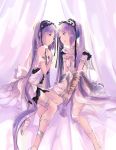  2girls armlet bracelet choker dress euryale fate/apocrypha fate/grand_order fate_(series) hairband highres jewelry mitu-yuki multiple_girls on_bed open_mouth purple_hair ring sitting sitting_on_bed stheno twintails violet_eyes 