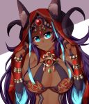  1girl animal_ears aqua_eyes blush breasts bridal_gauntlets cleavage closed_mouth dark_skin ears_through_headwear fate/grand_order fate_(series) head_chain highres hood horns jewelry large_breasts long_hair looking_at_viewer non_no_urara purple_hair queen_of_sheba_(fate/grand_order) smile solo 