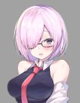  1girl :d arms_at_sides ayuma_sayu bangs bare_shoulders black-framed_eyewear black_dress breasts collared_dress dress eyebrows_visible_through_hair eyelashes fate/grand_order fate_(series) glasses grey_background grey_jacket hair_over_one_eye highres jacket long_sleeves looking_at_viewer mash_kyrielight medium_breasts necktie off_shoulder open_mouth pink_hair raised_eyebrows red_neckwear shiny shiny_hair short_hair sleeveless sleeveless_dress smile solo track_jacket upper_body violet_eyes wing_collar 