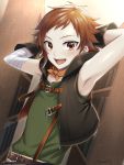 1boy :d armpits arms_behind_head artist_name bandage bandaged_arm book bookshelf brown_eyes brown_hair bungou_to_alchemist character_request dutch_angle gloves highres light_blush looking_at_viewer male_focus mo253 open_mouth smile solo upper_body vest 