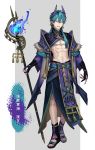  1boy abs absurdres aqua_hair black_nails blue_nails clenched_teeth earrings fingerless_gloves full_body gloves grey_background groin highres holding holding_staff jewelry loalo looking_at_viewer male_focus nail_polish navel onmyoji solo staff standing teeth violet_eyes yasha_(onmyoji) 