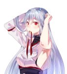  1girl armpits fate/grand_order fate_(series) grey_hair hair_ribbon highres japanese_clothes korokimi mouth_hold red_eyes ribbon tomoe_gozen tomoe_gozen_(fate/grand_order) undressing 