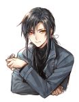  1boy bangs black_hair black_shirt closed_mouth grey_jacket heterochromia holding jacket jewelry kangetsu_(fhalei) light_smile long_hair long_sleeves looking_at_viewer male_focus necklace original shirt simple_background solo upper_body white_background 