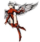  1girl angel_wings bangs belt boots breasts brown_eyes collarbone final_fantasy final_fantasy_tactics full_body head_wings holster leotard long_hair red_footwear red_legwear red_leotard silver_hair solo sword thigh-highs thigh_boots turtleneck ultima_(fft) weapon white_background wings 