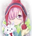  1girl bangs beanie black-framed_eyewear blue_gloves blush closed_mouth commentary_request creature eyebrows_visible_through_hair fate/grand_order fate_(series) fou_(fate/grand_order) glasses gloves hair_over_one_eye hat holding looking_at_viewer mash_kyrielight pink_hair red_hat rioshi saitou_ena scarf seiyuu_connection short_hair sidelocks smile striped striped_scarf takahashi_rie violet_eyes yurucamp 