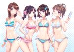  4girls ;d ;q arm_at_side arm_up armpits bag bangs bare_shoulders bikini black_hair black_ribbon blue_bikini blue_eyes blue_ribbon blunt_bangs bow bracelet breasts brown_hair cleavage closed_mouth commentary_request eyebrows_visible_through_hair food gradient gradient_background green_eyes hair_bow hair_ornament hairclip halftone halftone_background halter_top halterneck head_tilt jewelry lips looking_at_viewer medium_breasts medium_hair multiple_girls nail_polish navel nishimura_eri one_eye_closed open_mouth original parted_lips pink_bikini pink_bow polka_dot polka_dot_bow ponytail popsicle red_eyes red_ribbon ribbon scrunchie shoulder_bag side-tie_bikini sidelocks smile stomach striped striped_bikini swimsuit tareme tongue tongue_out twintails violet_eyes wrist_scrunchie yellow_nails 