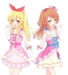  2girls :d aikatsu! bangs bare_shoulders blonde_hair blue_bow blush bow brown_eyes brown_hair collarbone commentary_request dress elbow_gloves eyebrows_visible_through_hair gloves hair_bun hair_ribbon hand_holding hands_up highres hoshimiya_ichigo long_hair looking_at_viewer makiaato multiple_girls oozora_akari open_mouth pink_bow pink_dress pink_ribbon red_ribbon ribbon side_bun sidelocks simple_background sleeveless sleeveless_dress smile very_long_hair white_background white_gloves 