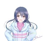  1girl angry bangs blue_hair blue_jacket blush commentary_request eyebrows_visible_through_hair frown hair_between_eyes hood hooded_jacket jacket long_hair looking_at_viewer love_live! love_live!_school_idol_project open_mouth shino_(shinderera) simple_background solo sonoda_umi upper_body v-shaped_eyebrows white_background yellow_eyes 