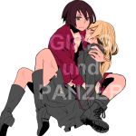  2girls alternate_hairstyle ankle_boots asuka_(junerabitts) bangs black_footwear black_jacket black_legwear black_skirt blonde_hair boots closed_eyes closed_mouth copyright_name cross-laced_footwear darjeeling dirty_face dress_shirt full_body girls_und_panzer hair_down holding holding_person jacket jacket_removed knee_boots kuromorimine_military_uniform lace-up_boots light_frown long_hair long_sleeves looking_at_viewer lowres lying military military_uniform miniskirt multiple_girls nishizumi_maho on_back pleated_skirt red_shirt red_skirt shirt short_hair simple_background skirt sleeping socks st._gloriana&#039;s_military_uniform uniform white_background yuri 