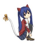  1girl animal_ears blue_hair brown_eyes cat_tail fairy_tail fake_animal_ears full_body long_sleeves mashima_hiro parted_lips pleated_skirt simple_background sitting skirt solo tail thigh-highs twintails wendy_marvell white_background zettai_ryouiki 