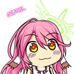  1girl :3 blush_stickers character_name chibi commentary cross gyate_gyate halo highres jibril_(no_game_no_life) long_hair magic_circle multicolored multicolored_eyes no_game_no_life orange_eyes pink_hair sections smile solo symbol-shaped_pupils wing_ears yellow_eyes 