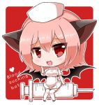  1girl :3 :d animal_ears bangs bat_ears bat_wings black_wings blush breasts chibi commentary_request dress eyebrows_visible_through_hair fang hair_between_eyes hat heart looking_at_viewer medium_breasts noai_nioshi nurse open_mouth original personification pink_hair red_eyes short_sleeves sidelocks sitting smile solo syringe thigh-highs white_dress white_footwear white_hat white_legwear wings 