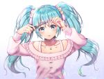  1girl aqua_eyes aqua_hair arms_up cutting_hair hatsune_miku jewelry long_hair nail_polish necklace scissors solo twintails upper_body vocaloid white_background yoruhachi 