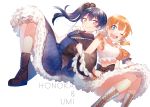  2girls alternate_hairstyle bangs blue_eyes blue_hair blush character_name commentary_request eyebrows_visible_through_hair floating_hair frills hair_between_eyes highres kousaka_honoka locked_arms long_hair long_sleeves looking_at_viewer love_live! love_live!_school_idol_project multiple_girls one_eye_closed one_side_up open_mouth orange_hair side_ponytail simple_background skirt sleeveless smile sonoda_umi tsubura twintails white_background yellow_eyes 