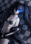  1girl bangs bare_shoulders belt_buckle bikini_top black_hair black_jacket black_rock_shooter black_rock_shooter_(character) black_shorts blue_eyes blue_lips blurry breasts brown_belt buckle burning_eye checkered checkered_background closed_mouth collarbone commission cowboy_shot dutch_angle expressionless floating_hair front-tie_bikini front-tie_top glowing glowing_eye hair_between_eyes jacket legs_together lips long_hair long_sleeves looking_at_viewer looking_to_the_side navel nose off_shoulder open_clothes open_jacket scar shade short_shorts shorts signature small_breasts solo standing star stomach string_bikini striped_jacket twintails umigraphics unzipped white_skin zipper zipper_pull_tab 