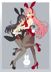  2girls akashi_(kantai_collection) animal_ears black_hair black_leotard bow bowtie brown_eyes bunny_tail bunnysuit detached_collar ebi_(emybiii) full_body glasses grey_background grey_legwear hair_ribbon hug kantai_collection leotard long_hair looking_at_viewer multiple_girls ooyodo_(kantai_collection) pantyhose pink_hair rabbit_ears red_leotard red_neckwear ribbon semi-rimless_eyewear standing standing_on_one_leg strapless strapless_leotard tail tress_ribbon under-rim_eyewear wrist_cuffs 