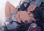  1girl bangs black_hair blunt_bangs breasts buttons long_hair long_sleeves looking_at_viewer lying on_back open_mouth original shirt small_breasts violet_eyes waking_up white_shirt yasumo_(kuusouorbital) 
