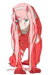  1girl akagi_(fmttps) all_fours aqua_eyes bangs blood blood_on_face bloody_clothes blunt_bangs bodysuit breasts clenched_hands darling_in_the_franxx eyebrows_visible_through_hair full_body headband highres horns long_hair looking_at_viewer medium_breasts pilot_suit pink_hair simple_background skin_tight solo very_long_hair white_background white_headband zero_two_(darling_in_the_franxx) 