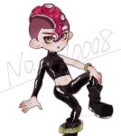  1boy agent_8 arm_support asymmetrical_clothes black_jacket black_pants boots brown_eyes jacket looking_at_viewer male_focus midriff mohawk octarian pants pink_hair simple_background sitting solo splatoon splatoon_2 takozonesu tentacle_hair twitter_username white_background 