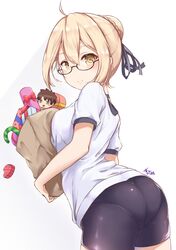  1girl ahoge artoria_pendragon_(all) ass bag bangs bike_shorts black-framed_eyewear black_ribbon blonde_hair blush box breast_press breasts candy candy_cane character_doll closed_mouth cowboy_shot dated eyebrows_visible_through_hair fate/grand_order fate_(series) food from_behind fujimaru_ritsuka_(male) gift gift_box glasses hair_ornament hair_ribbon heart-shaped_box highres holding_bag leaning_forward looking_at_viewer medium_breasts mysterious_heroine_x_(alter) panties_under_bike_shorts pantylines ribbon semi-rimless_eyewear shiny shiny_clothes shiny_hair shirt shiunnkaku shopping_bag short_hair signature solo standing under-rim_eyewear white_shirt yellow_eyes 