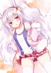  1girl animal_ears azur_lane bangs bare_shoulders blush camisole collarbone commentary_request dutch_angle eyebrows_visible_through_hair gluteal_fold hair_between_eyes hair_ornament hairband jacket laffey_(azur_lane) long_hair long_sleeves looking_at_viewer minakami_rinka off_shoulder open_clothes open_jacket panties parted_lips pink_jacket pleated_skirt rabbit_ears red_eyes red_hairband red_skirt silver_hair skirt solo striped striped_panties thigh-highs twintails underwear very_long_hair white_camisole white_legwear 