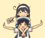  2girls ahoge black_hair blush_stickers brown_eyes brown_hair closed_eyes comic commentary_request hachimaki hat headband hiburi_(kantai_collection) hug hug_from_behind kantai_collection long_hair looking_at_viewer multiple_girls open_mouth otoufu outstretched_arms sailor_collar sailor_hat sailor_shirt school_uniform serafuku shirt short_hair short_sleeves smile spread_arms translation_request ushio_(kantai_collection) yellow_background 