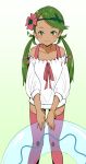  1girl alternate_costume bangle bangs bare_shoulders blush bracelet closed_mouth collarbone dress flower frilled_dress frills gradient gradient_background green_background green_eyes green_hair hair_flower hair_ornament headband highres innertube jewelry legs_apart long_sleeves looking_at_viewer low_twintails mallow_(pokemon) ninchan pink_legwear pink_ribbon pokemon pokemon_(game) pokemon_sm puffy_long_sleeves puffy_sleeves ribbon shirt smile solo standing swept_bangs thigh-highs transparent twintails white_dress white_shirt zettai_ryouiki 
