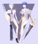 2others androgynous bangs blue_eyes blue_hair blunt_bangs blush cairngorm_(houseki_no_kuni) character_name gem_uniform_(houseki_no_kuni) gloves golden_arms heterochromia high_heels highres houseki_no_kuni multiple_others necktie phosphophyllite phosphophyllite_(ll) see-through shiroki short_hair shorts spoilers sword weapon white_eyes white_hair