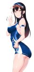  1girl armband artist_name ass bangs bare_shoulders black_hair blue_dress blue_eyes blush breasts commentary_request dress hair_between_eyes heart highres hips large_breasts long_hair looking_at_viewer original parted_lips pocari_sweat_(artist) simple_background smile solo thighs visor_cap waving white_background 