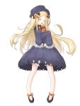  1girl :d abigail_williams_(fate/grand_order) bangs black_bow black_dress black_footwear black_hat blonde_hair bloomers blush bow butterfly closed_eyes dress eyebrows_visible_through_hair fate/grand_order fate_(series) forehead hair_bow hat highres long_hair long_sleeves object_hug open_mouth orange_bow parted_bangs polka_dot polka_dot_bow shoes simple_background sleeves_past_fingers sleeves_past_wrists smile solo stuffed_animal stuffed_toy tan_(kiriya0752) teddy_bear underwear very_long_hair white_background white_bloomers 