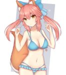  1girl absurdres animal_ears bikini blue_bikini blue_ribbon bow breasts cleavage collarbone fate/extra fate_(series) fox_ears fox_shadow_puppet fox_tail hair_bow hair_ribbon heart highres large_breasts looking_at_viewer navel pink_hair rachione ribbon solo swimsuit tail tamamo_(fate)_(all) tamamo_no_mae_(fate) yellow_eyes 