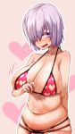  1girl bare_arms bare_shoulders belly bikini_bottom bikini_pull bikini_top blush breasts cleavage collarbone curvy eyebrows_visible_through_hair eyes_visible_through_hair fat_folds fate/grand_order fate_(series) hair_between_eyes hair_over_one_eye heart heart_bikini highres large_breasts mash_kyrielight navel nervous open_mouth pink_hair plump purple_hair shiny shiny_hair shiny_skin short_hair simple_background solo standing stomach sweat swimsuit tsuyukiworks violet_eyes 