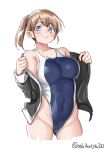  1girl blue_eyes blue_swimsuit blush breasts brown_hair collarbone competition_swimsuit covered_navel ebifurya gluteal_fold grey_jacket highleg highleg_swimsuit highres intrepid_(kantai_collection) jacket kantai_collection large_breasts looking_at_viewer one-piece_swimsuit ponytail removing_jacket scrunchie smile smug solo swimsuit twitter_username upper_body white_background 