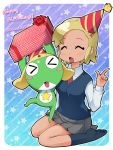  1boy 1girl angol_mois birthday blonde_hair breasts commentary_request dark_skin frog graphite_(medium) hair_ornament hakkatou happy_birthday keroro keroro_gunsou pleated_skirt school_uniform short_hair skirt sweater_vest traditional_media 